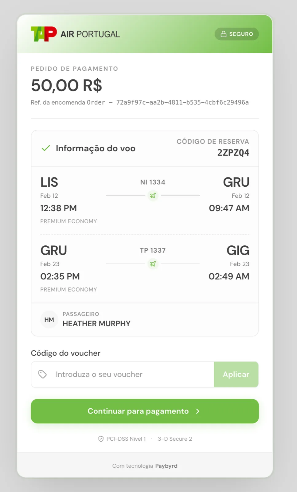 Het gehoste betaalformulier van Paybyrd in de stijl van TAP Air Portugal, met het Engage-voucherveld in de checkout