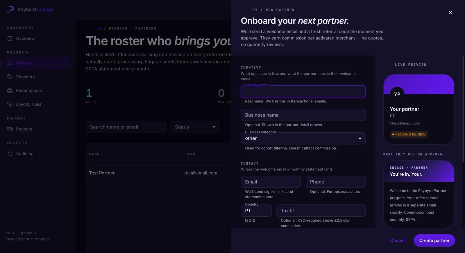 Het onboardingformulier voor Engage-partners, met het commissiepercentage, de bankgegevens en de code die de nieuwe partner gaat delen